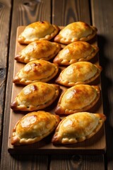 Golden-brown baked pastries arranged on a wooden board, showcasing a delectable culinary treat