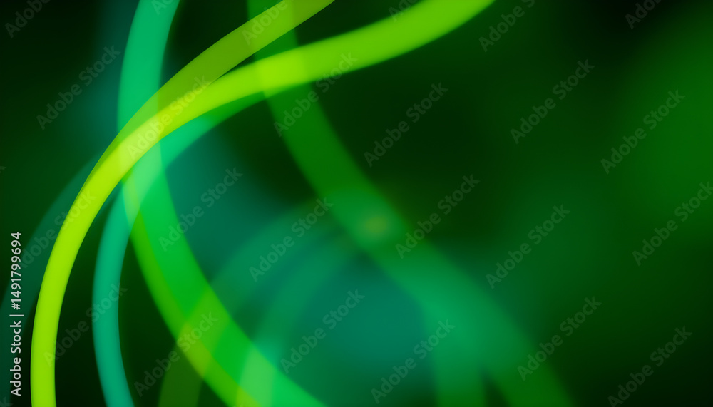 Poster abstract flowing green lines with soft glow and blurred edges on dark background