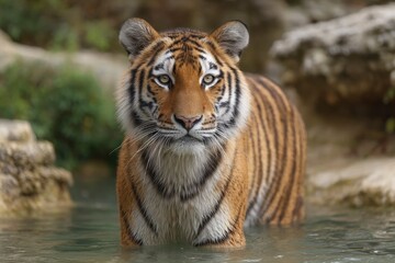 Fototapeta premium Tiger Standing in Water Looking at the Camera
