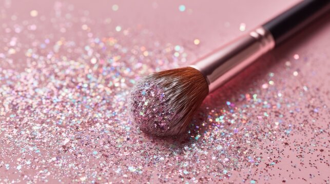 Glittering makeup brush on a pink surface - Powered by Adobe