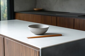 A grey ceramic bowl and wooden chopsticks rest on a pristine white kitchen island countertop, against a backdrop of dark wood cabinetry and a grey concrete wall