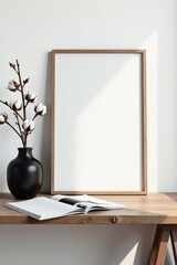 Minimalist Home Office Scene with Blank Frame and Open Book