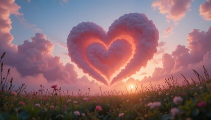 Heartshaped clouds grace sunset meadow