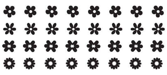 Groovy daisy flowers set. Flat black icons. Vector illustration.