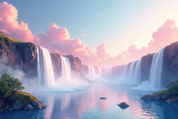 Fototapeta premium Serene Waterfall Paradise Pink Sunset Hues Over Tranquil Waters and Majestic Cliffs