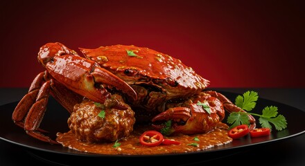 Delicious chilli crab dish with spicy sauce plated beautifully for dinner