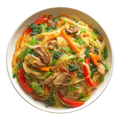 Popular Asian dishes  png concept. Colorful stir-fried noodles with vegetables and meat.