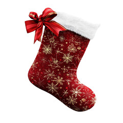 Red Christmas stocking with gold snowflakes and a big red bow