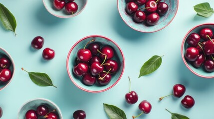 Fresh cherries in small bowls on a light blue background.  Small bowls filled with ripe cherries, interspersed with fresh green leaves