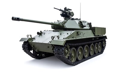 Military tank isolated on white background. Green armored vehicle with large gun and track wheels. Detailed studio shot