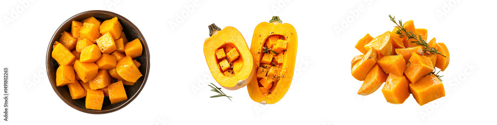 Poster set of assorted cubed squash in multiple presentations. isolated on transparent background