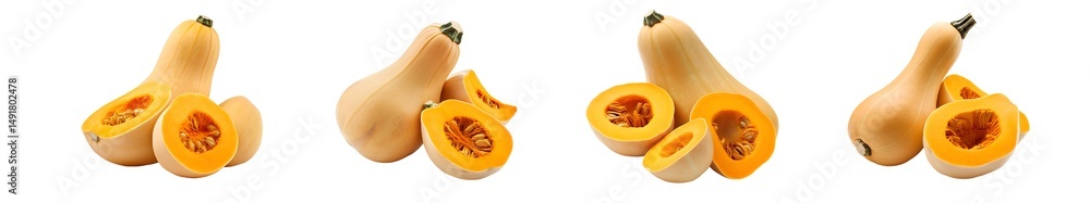 Poster set of fresh, sliced butternut squash display. isolated on transparent background