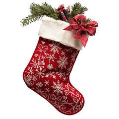 Festive Christmas stocking filled with gifts and greenery ready for the holidays