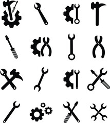 Obraz premium Repair tools and service icon set. Wrench, screwdriver and gear setting vector collection isolated on transparent background. Spanner perfect for diy crafting, and repair projects glyph symbol.