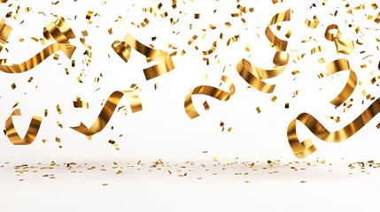 Gold confetti and streamers on white background (1)