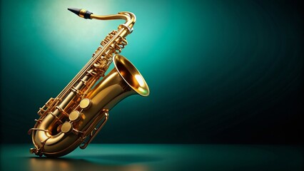 Fototapeta premium Golden Saxophone on Vibrant Teal Background: Musical Instrument Stock Photo