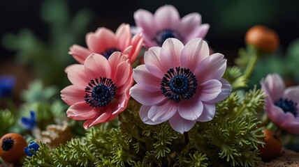 Close-up of delicate pink and mauve anemones