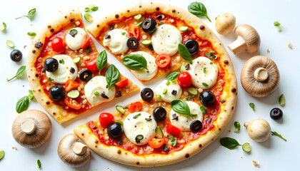 Fresh Pizza with Mozzarella, Tomatoes, Olives and Basil