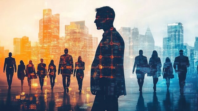 Silhouettes of diverse business people walking in opposite directions against a glowing cityscape with digital network overlay symbolizing corporate connection and innovation