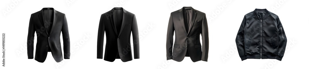 Poster set of different dark-colored jackets displayed in a setting. isolated on transparent background