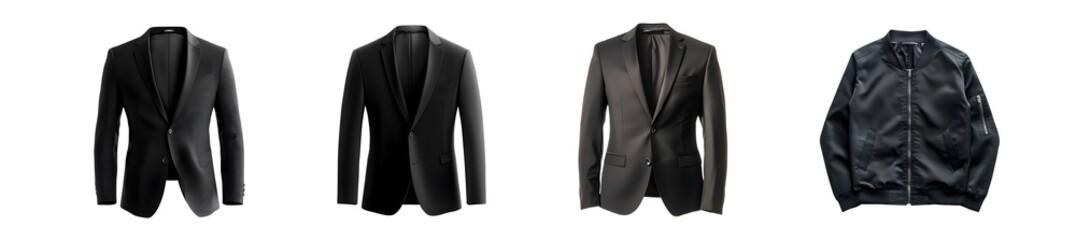 set of different dark-colored jackets displayed in a setting. isolated on transparent background