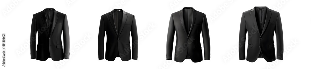 Poster set of black formal jackets displayed in a row. isolated on transparent background