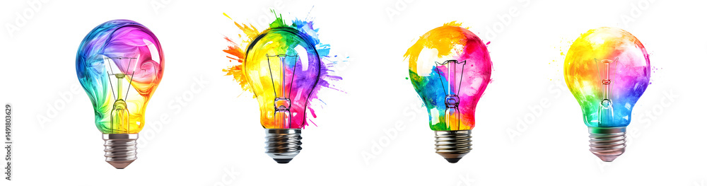 Poster set of colorful lightbulb design, representing creative ideas. isolated on transparent background