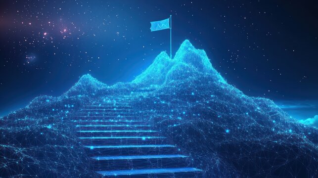 Digital mountaintop success; starry night; steps; flag; future goals