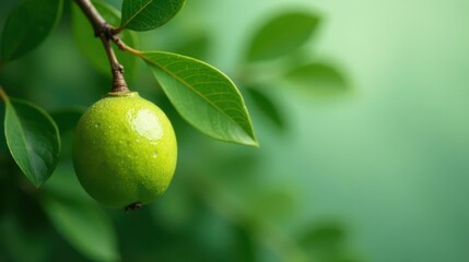 A single, vibrant green fruit hangs delicately from a branch, surrounded by lush foliage, showcasing the beauty of nature's simple elegance.
