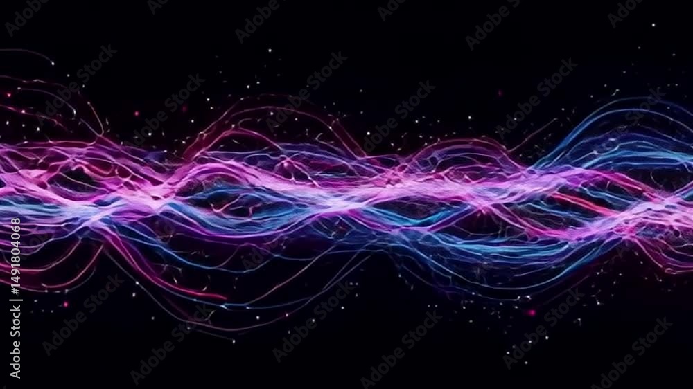 Poster abstract flowing energy waves with sparkling particles on black background