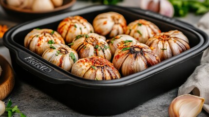under 200 characters): Whole roasted garlic bulbs in a black baking dish, garnished with herbs and spices, ready to serve on a rustic kitchen table.