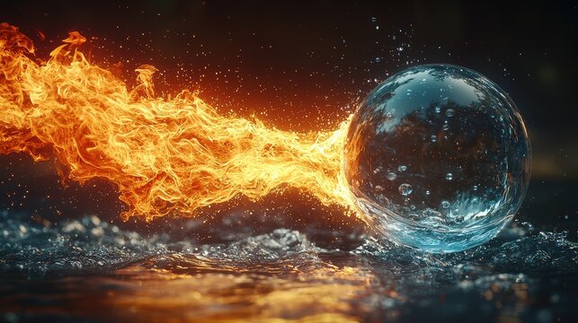 Dynamic contrast: fiery flames engulf crystal clear water sphere in motion