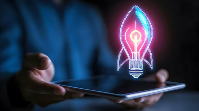 Modern Digital Innovation Concept with Launching Rocket Lightbulb