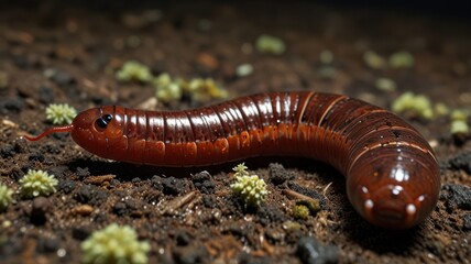 Close-up of a segmented worm in soil