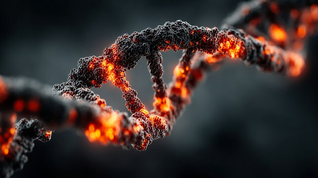 3D rendering of a biological DNA structure with a glowing highlighted segment, representing bioengineering and genetic research, set against a dark background with caption space on the side for scient