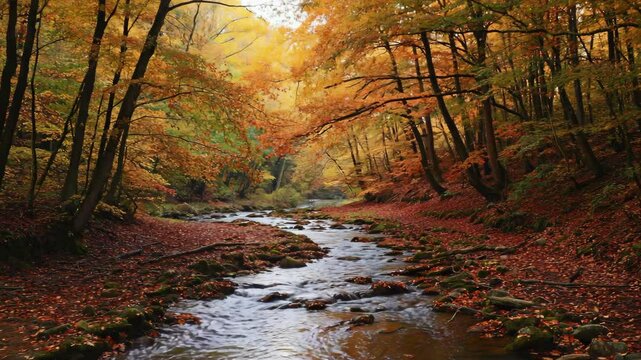 Seamless loop water flowing stream in autumn forest trees plants