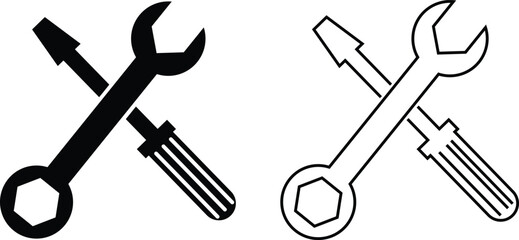 Repair tools and service icon set. Wrench, screwdriver and gear setting vector collection isolated on transparent background. Spanner perfect for diy crafting, and repair projects glyph symbol.