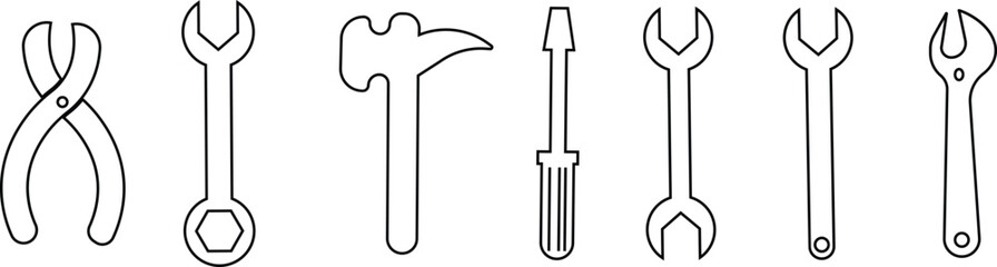Repair tools and service icon set. Wrench, screwdriver and gear setting vector collection isolated on transparent background. Spanner perfect for diy crafting, and repair projects glyph symbol.