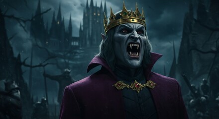 king with golden crown is a scary vampire, face close up dark fantasy