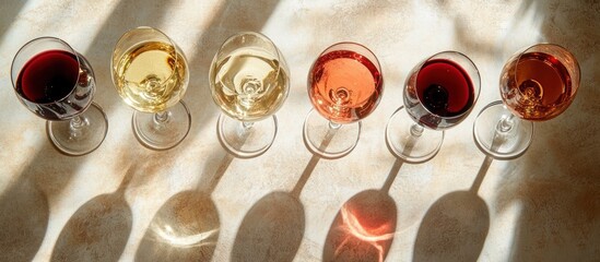 Top view of six glasses filled with different colored wines casting long shadows on a light textured surface in warm natural sunlight