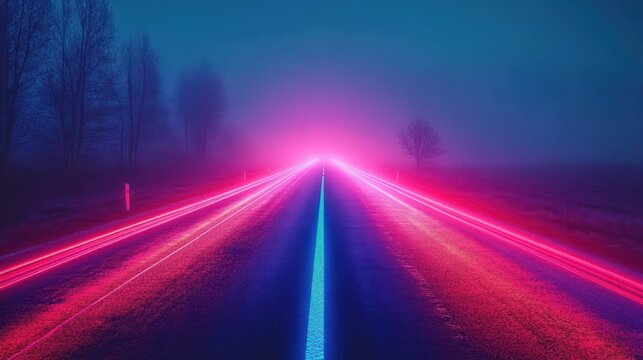 Futuristic road stretching into bright glowing light with vibrant pink and blue neon light trails on a foggy night surrounded by sparse trees