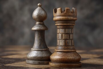 Chess Pieces Bishop and Rook on Board Close Up Still Life
