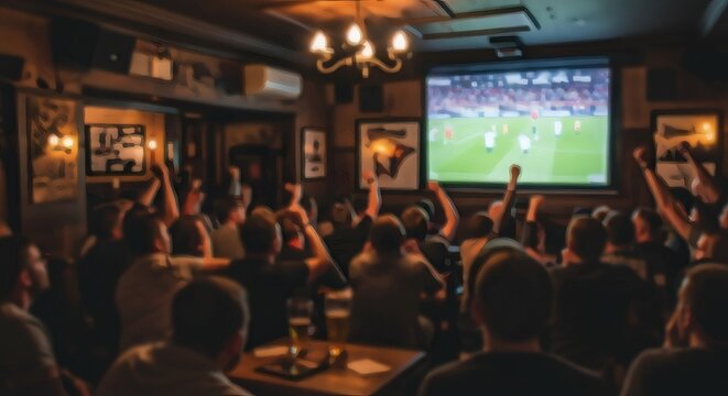 blurred Euphoric soccer fans watching live game in pub