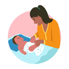 A flat style illustration showing diaper duty of mother