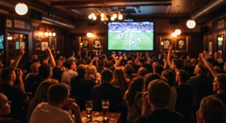 blurred Euphoric soccer fans watching live game in pub