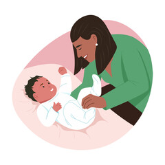 A flat style illustration showing mother tickling baby