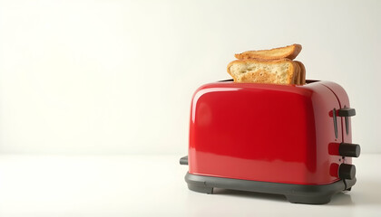 Toasting Bread Slices in a Red Toaster, Kitchen Appliance