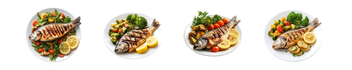 set of Grilled fish with assorted vegetables on white plates. isolated on transparent background