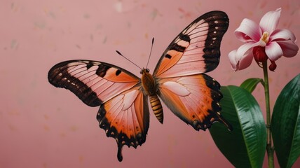 Butterfly on pink backdrop with flower