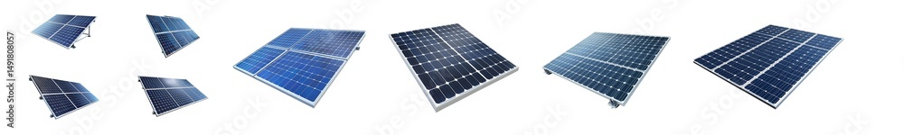 Poster set of several solar panels displayed in a horizontal arrangement. isolated on transparent backgroun